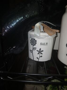 Rae Dunn White and Black Salt Canister with Floral Design